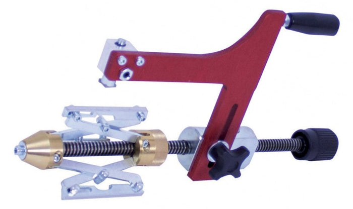 Mechanical tool with red and silver components on a white background