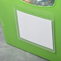 Close-up of self-adhesive label on lime green storage container