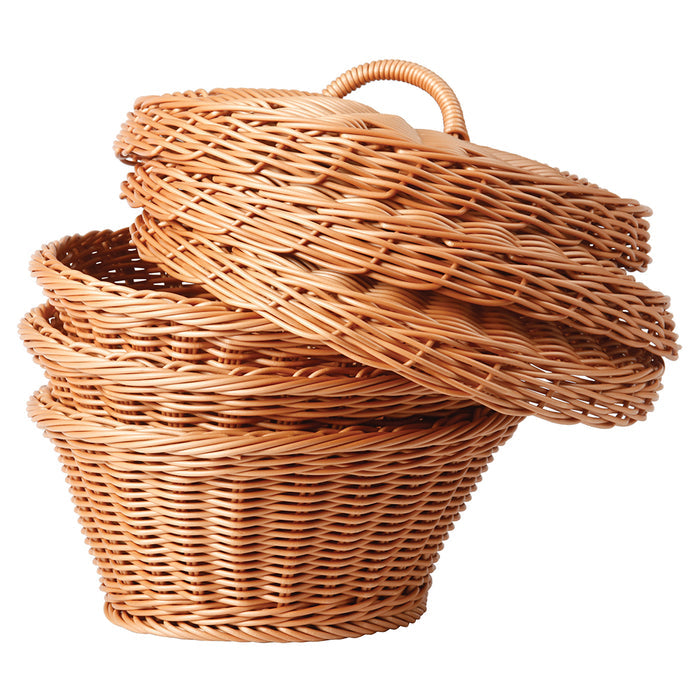Set of 3 Durable Round Storage Baskets with Lids | Natural Wicker-Style Design
