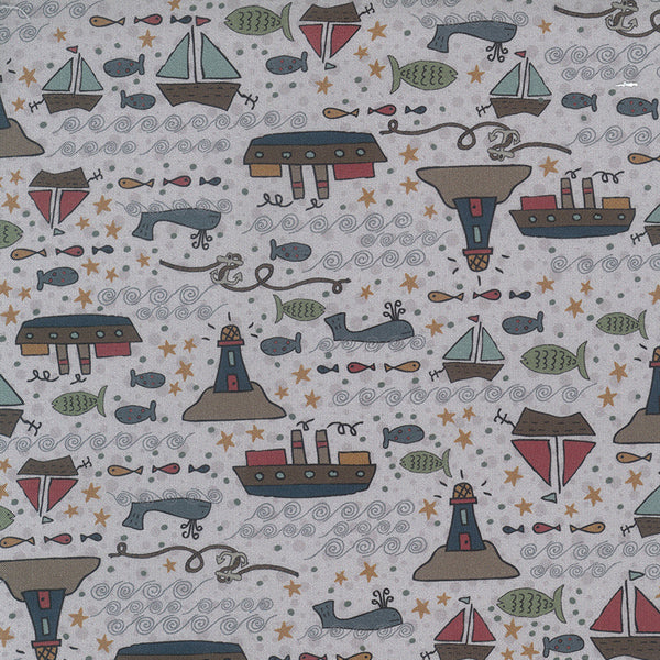Ship to Shore 706901-110 Boats - boats, fish, lighthouses and whales on pale pink background