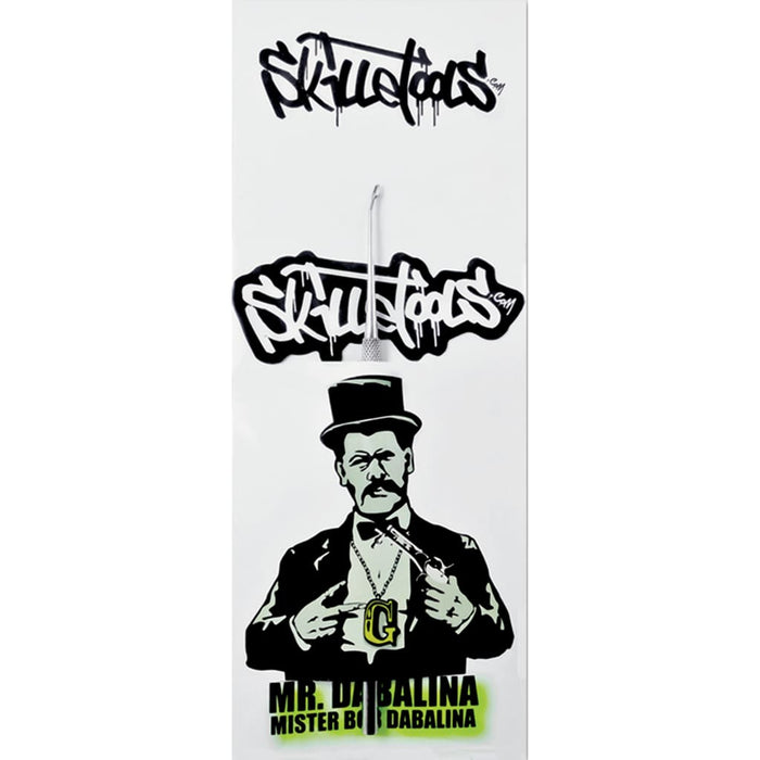 Stencil-style graffiti art of man in suit on packaging for Comfort Grips Skillet Tool