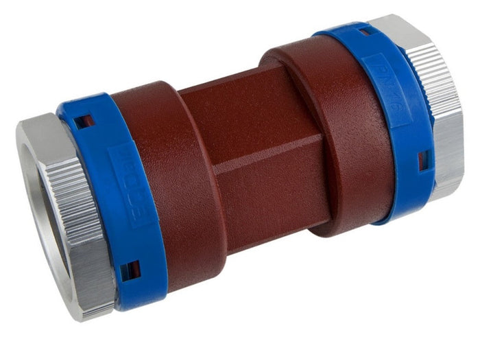 Plumbing fitting with brown body, blue gasket, and silver metal ends on a white background