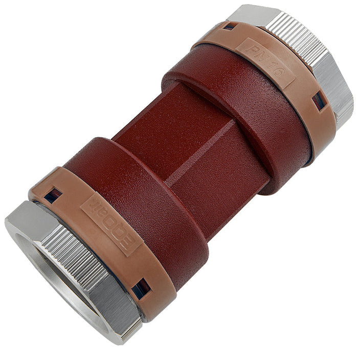 Plumbing fitting with brown leather strap with metal clasp on a white background