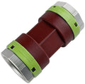 Red and green garden hose connector on a white background
