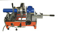 Mechanical device with blue and orange components on a white background