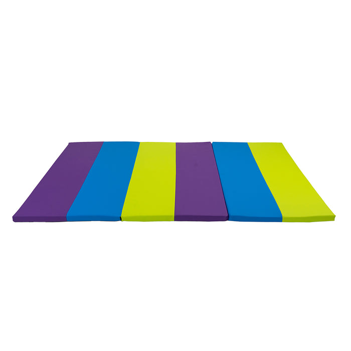 Colorful striped mat with purple, blue, and green colors on a white background