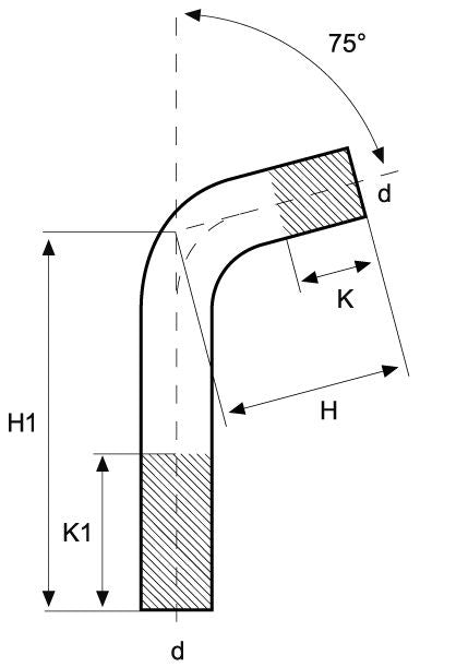 Technical drawing of a curved component with dimensions labeled