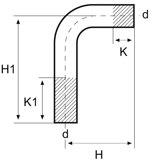 Technical drawing of a curved component with dimensions labeled