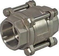 Metal pipe fitting with threaded ends on a gray background