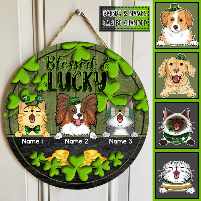 St. Patrick's Day Door Signs, Gifts For Pet Lovers, Blessed & Lucky Custom Wooden Signs, Shamrock Sign