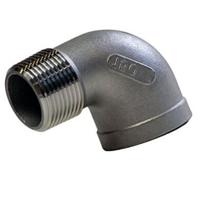 Europress stainless steel M&F elbow fitting for plumbing, showing a polished, durable elbow connector with threaded ends.