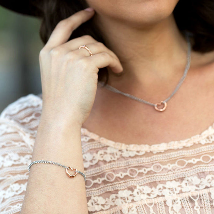 sterling silver and rose gold double strand open heart bracelet