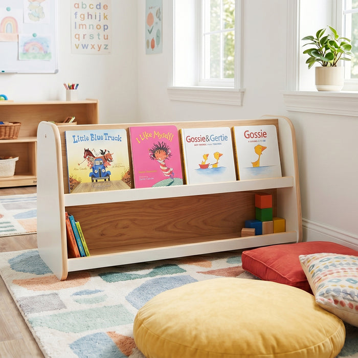 Wooden bookshelf with children's books and toys in a room with a colorful rug and plant.