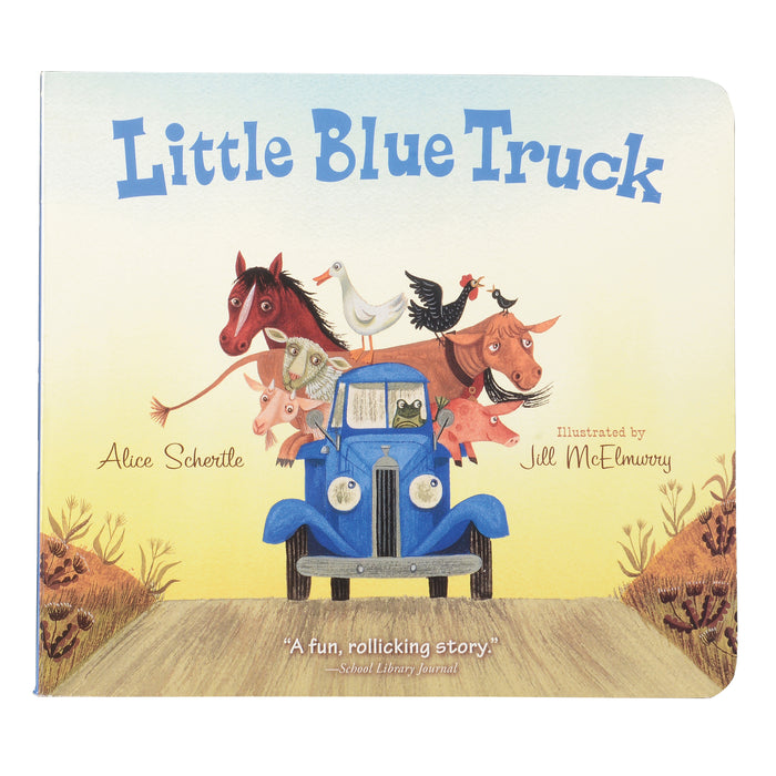 Book cover of 'Little Blue Truck' with a blue truck and animals on a yellow background