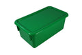 A green plastic tote box with a lid.