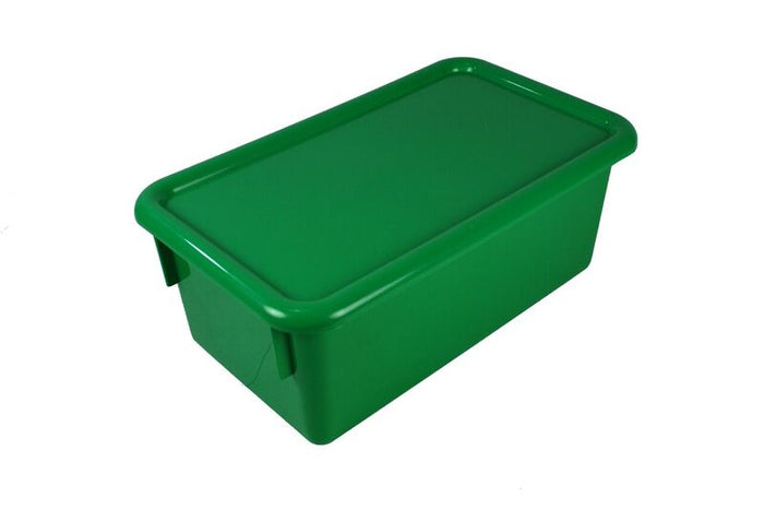 A green plastic tote box with a lid.
