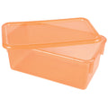 A clear orange plastic tote with a lid, designed for storage and organization.