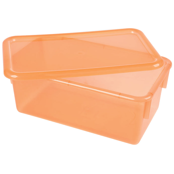 A clear orange plastic tote with a lid, designed for storage and organization.