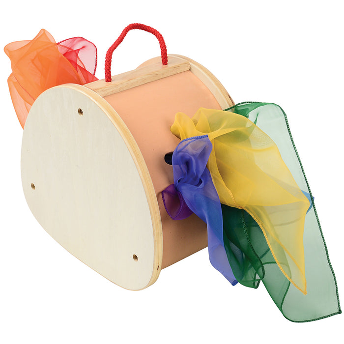 A collection of colorful scarves in red, orange, yellow, green, blue, and pink, pulled out from a soft-sided wooden tote.