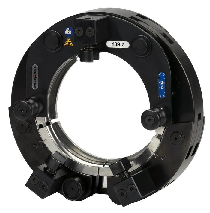 Black mechanical component with digital display on a white background