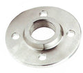 Metal flange with threaded center on a white background