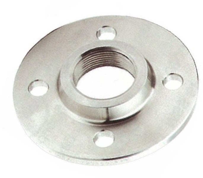 Metal flange with threaded center on a white background