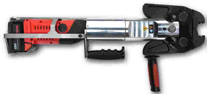 Cable crimping tool with red and black design on a white background