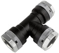 Black and silver plumbing fitting on a white background