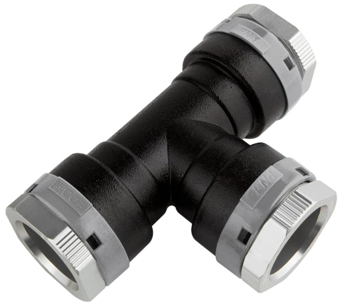 Black and silver plumbing fitting on a white background