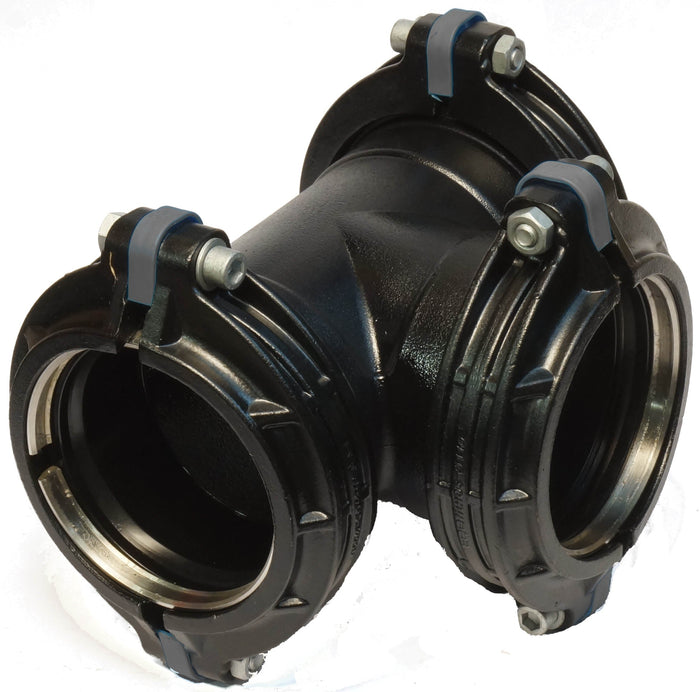 Black plastic pipe fitting on a white background