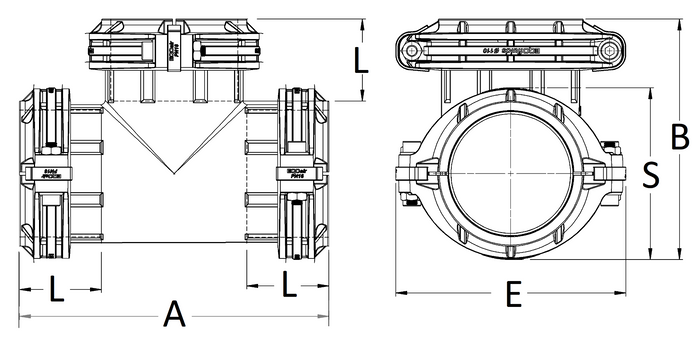 Technical drawing of a butterfly valve with dimensions labeled