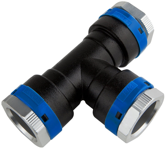 Plumbing fitting with black body, blue gaskets, and metallic ends on a white background