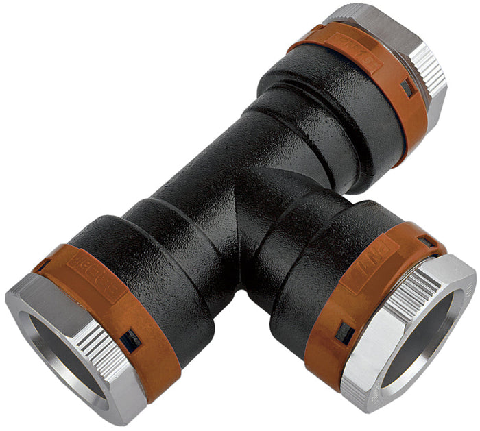 Black and brown plumbing fitting on a white background