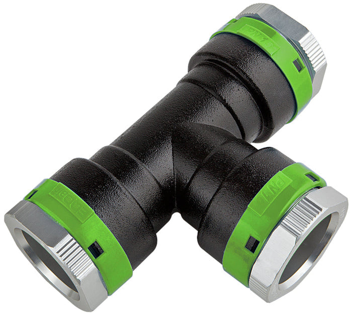 Black and green plumbing fitting on a white background