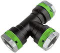 Black and green plumbing fitting on a white background