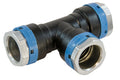 Plumbing fitting with blue and silver connectors on a white background
