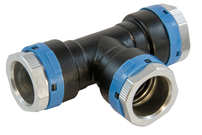 Plumbing fitting with blue and silver connectors on a white background