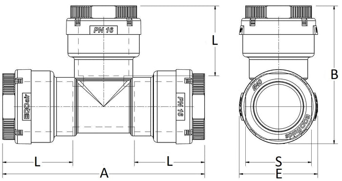 Technical drawing of a valve with dimensions labeled