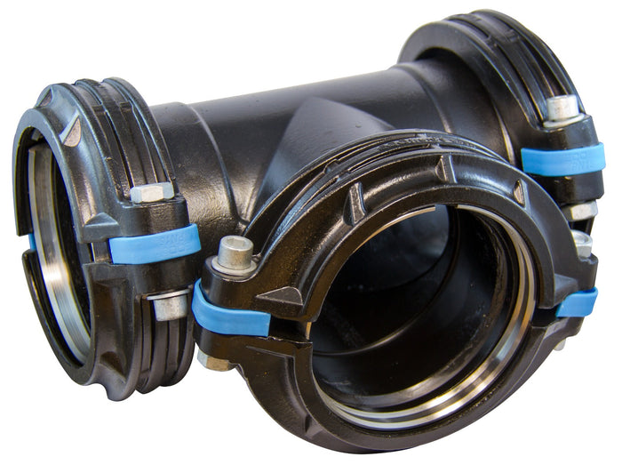 Black plastic fitting with blue bands on a white background