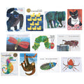 A collage of Eric Carle children's book covers arranged on a white background, including titles such as From Where I Have Been, 10 Little Rubber Ducks, The Very Large Fly, The Very Quiet Crockpot, Peter Pan, The Very Chose Chick Beetle, The Very Busy Spider.