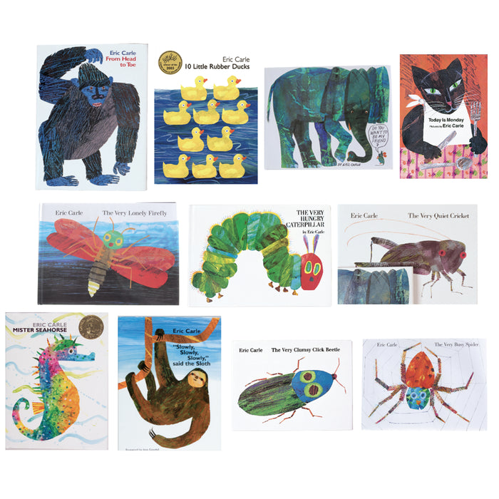 A collage of Eric Carle children's book covers arranged on a white background, including titles such as From Where I Have Been, 10 Little Rubber Ducks, The Very Large Fly, The Very Quiet Crockpot, Peter Pan, The Very Chose Chick Beetle, The Very Busy Spider.