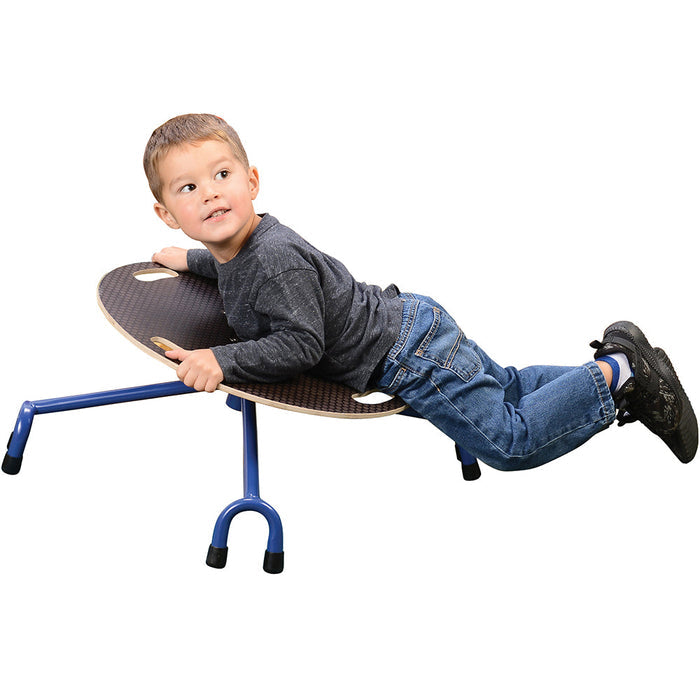 Child playing on a seesaw against a white background