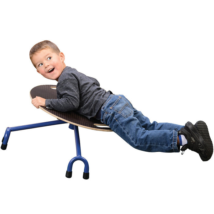 child balancing on tilting ride-on on white background