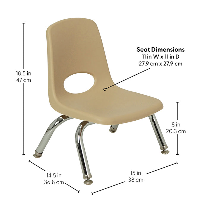 Beige chair with dimensions labeled on a white background