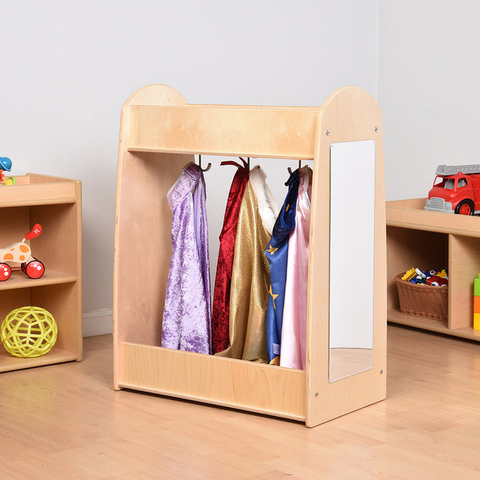 Toddler Hardwood Dress-Up Center with Mirror, Hooks & Storage Shelves in Classroom
