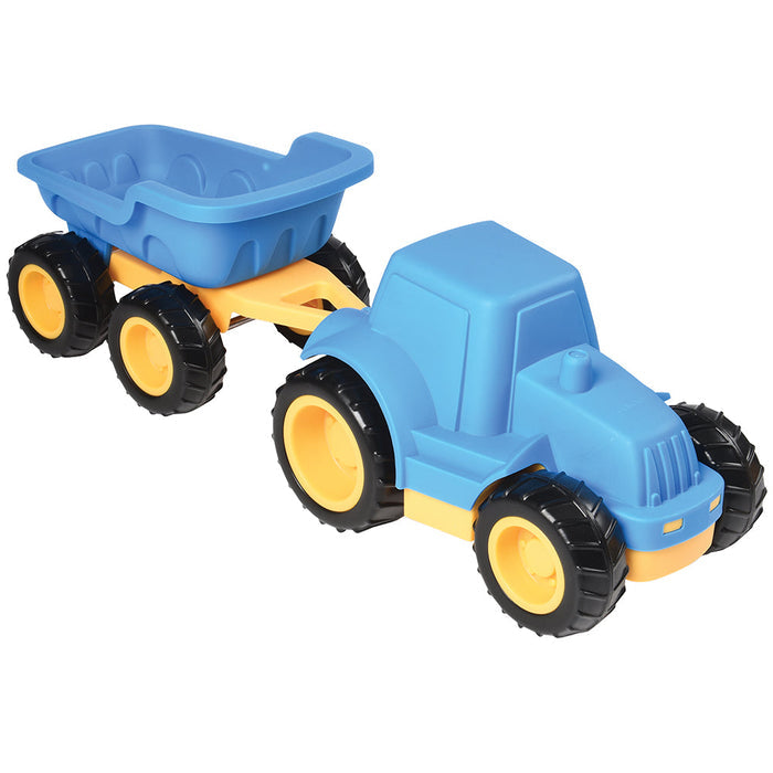 Toy dump truck with blue body, yellow wheels, and black tires on a white background