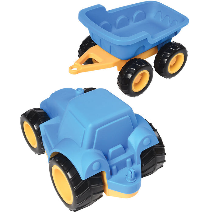 Toy dump truck with blue body, yellow wheels, and black tires on a white background