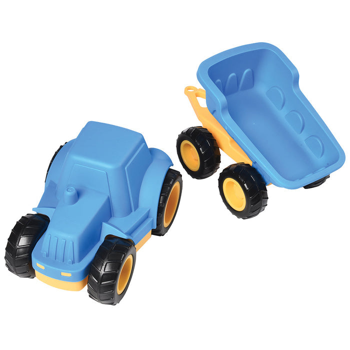 Toy dump truck with blue body, yellow wheels, and black tires on a white background
