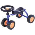 A blue and orange toddler trike with a black seat and steering wheel, and four wheels.