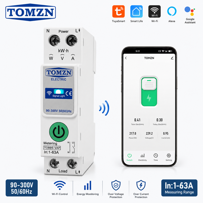 TOMZN TOB9S-VAP 63A WiFi smart energy meter switch with Tuya Smart Life app